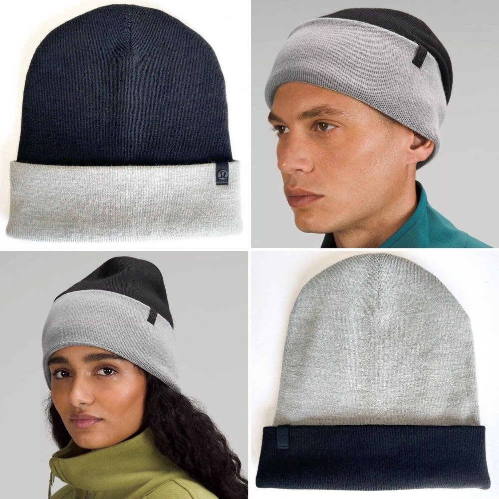 Lululemon Reversible Merino Wool Blend Beanie Black Grey S/M Minimalist Hiking